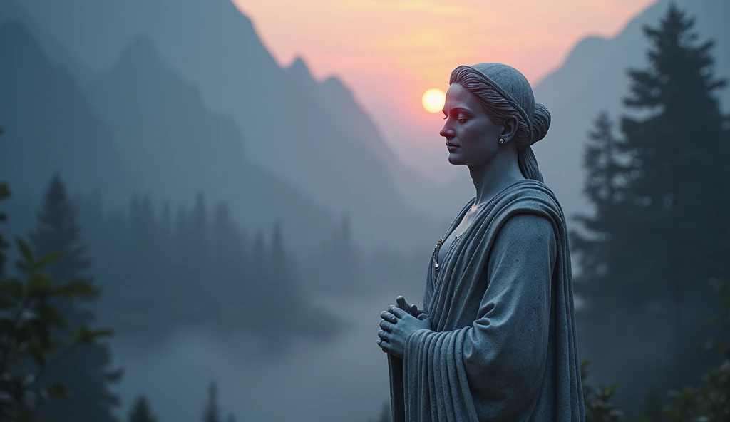 "Design an enchanting YouTube thumbnail for 'Магія Мовчання: Як Тиша Веде до Мудрості та Сили'. Center it around a detailed Stoic marble statue, radiating calm and wisdom amidst a mystical, serene backdrop. Highlight its timeless aura with soft, surrounding light and integrate elements of a tranquil dawn-lit forest or mountainside. Use a color scheme of deep blues, soft purples, and gentle golds to evoke a sense of mystery and introspection. Add symbols of wisdom and strength, such as a subtle halo of light and ancient sturdy elements. Ensure 'Магія Мовчання' stands out boldly with an ethereal glow at the top, with 'Як Тиша Веде до Мудрості та Сили' elegantly displayed below. Aim for a composition that merges ancient allure with tranquil beauty, enticing viewers into the realm of stoic philosophy."