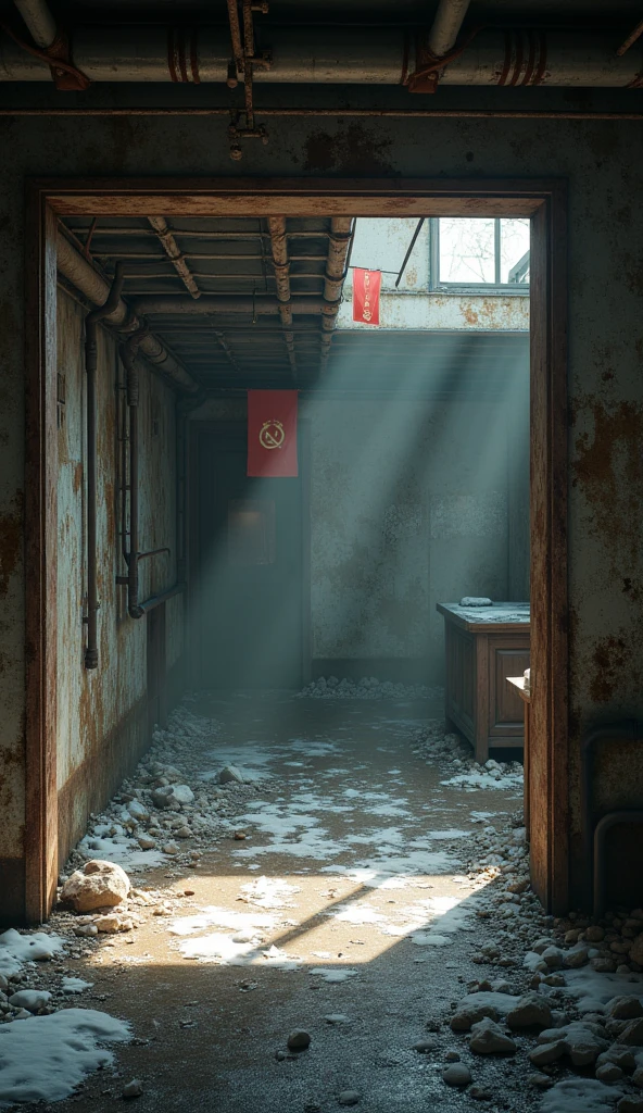 Abandoned military base interior background with Russian flags and floor with small snow puddles in Capcom 2010 style