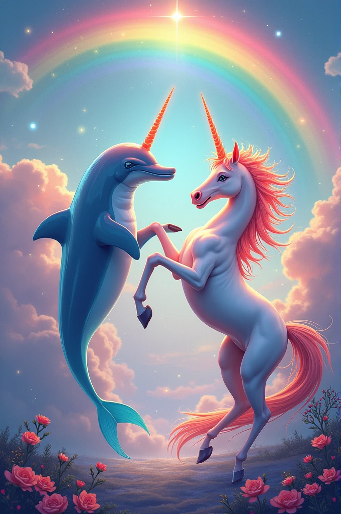Dolphin with a unicorn, with many colors, with a rainbow