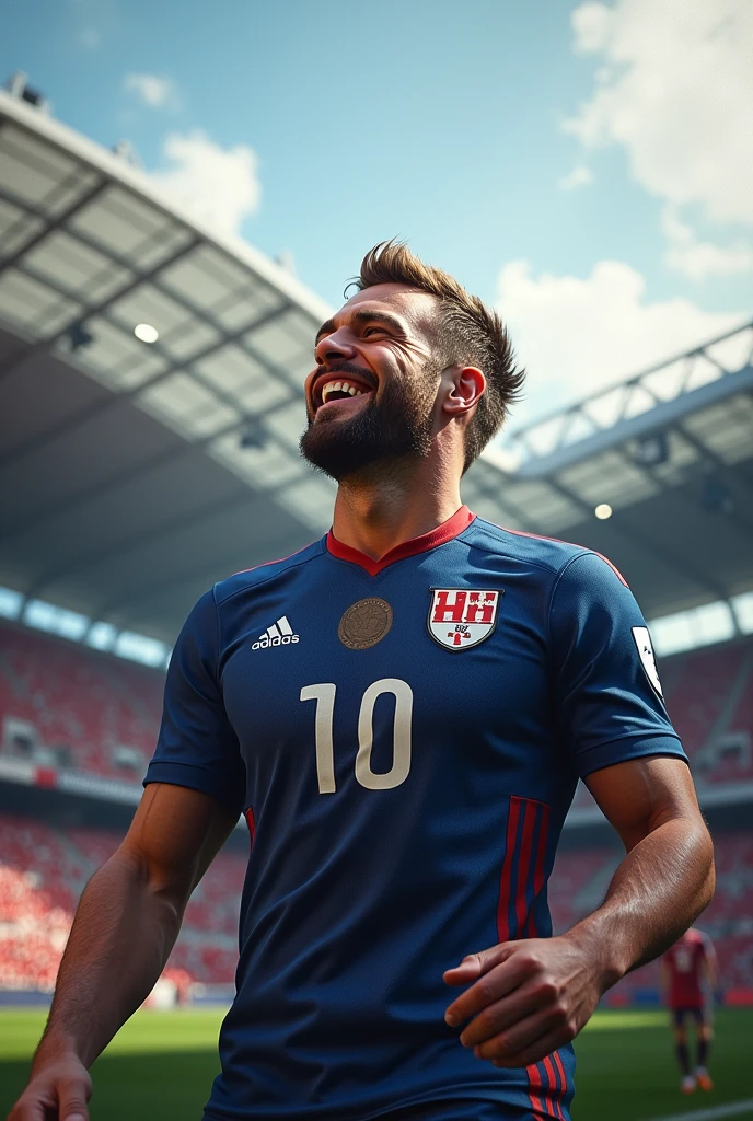 (photorealism:1.2), Icelandic footballer Hölfen Halmër laughing In the shirt of the Grasshoppers Zurich team from Switzerland Inside the Zenith stadium