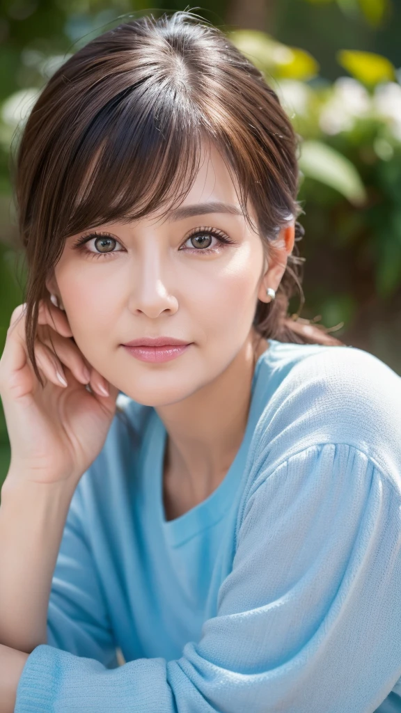 8K, super detailed, masterpiece, highest quality, Photoreal, detailed face, fine eyes, 40 year old woman, 1 person, cute face, The lower lip is thick and plump, facing the front, nice body, ((look into the viewer's eyes)), gorgeous hairstyle, thin clothes, well-shaped bust