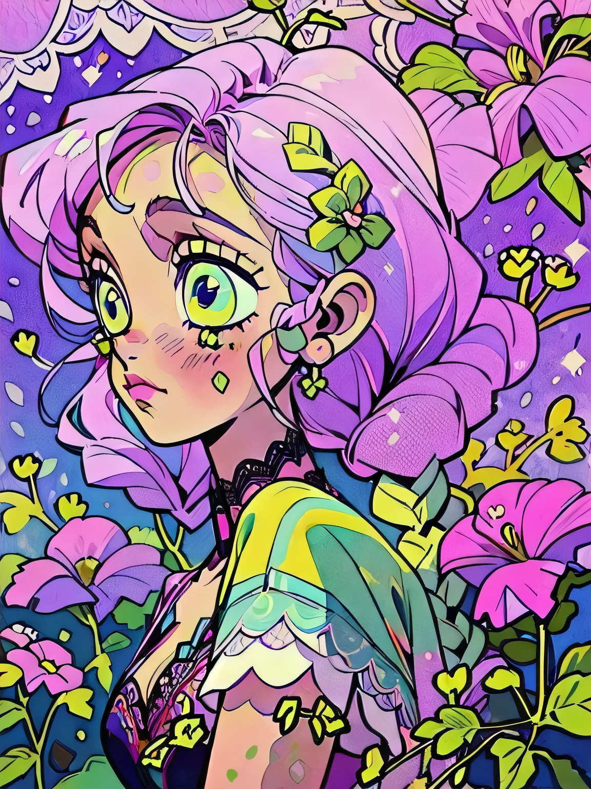 Convert your flower art into a hand-drawn illustration.、Create backgrounds with vibrant colors and unique touches The type of flower is statice、Gypsophila、sweet pea、Mix in some lace flowers, portrait, face portrait, big breasts, cleavage, pink hair, green eyes, (green highlights), green braids,