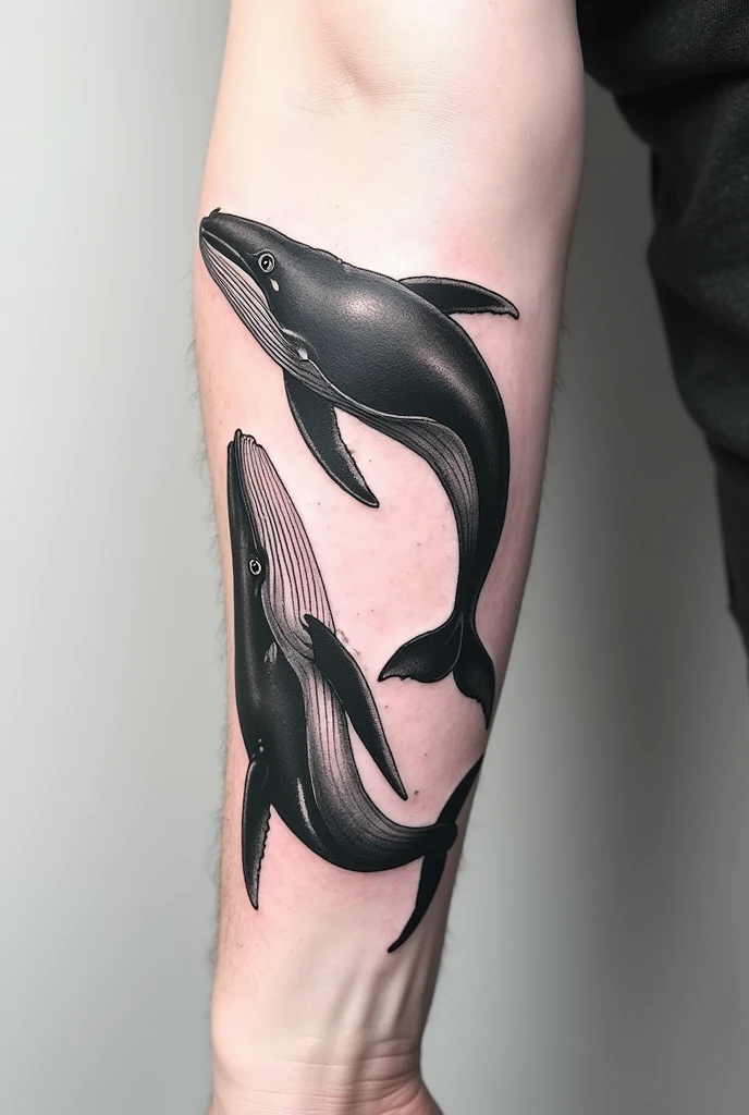 Create a realistic arm tattoo with two humpback whales swimming calmly in black and white