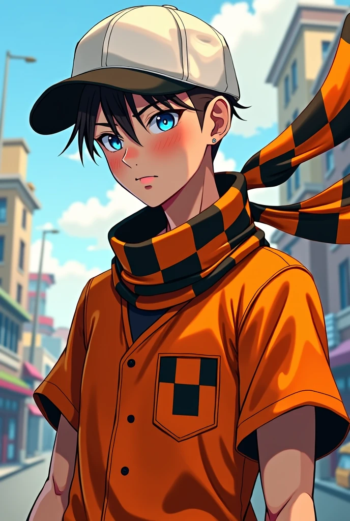 A male character who has a white cap, blue eyes, a scarf with black squares and an orange prisoner shirt, like an anime.