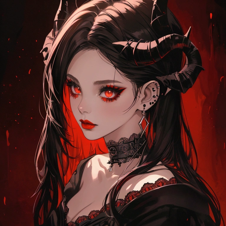 a gothic girl, horns, close up, gothic makeup, long black hair, anime, lace choker, ear piercings, red lips, brown eyes, intricate details, dramatic lighting, cinematic composition, digital painting, highly detailed, masterpiece, 8k