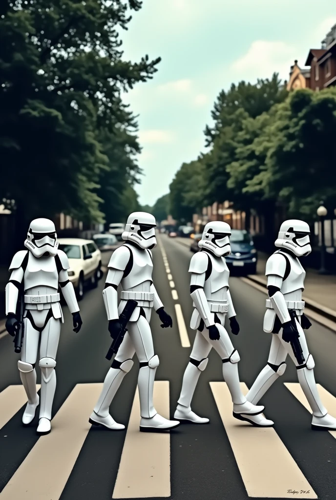 4 Stormtroopers walking in similar Beatles cover abbey road