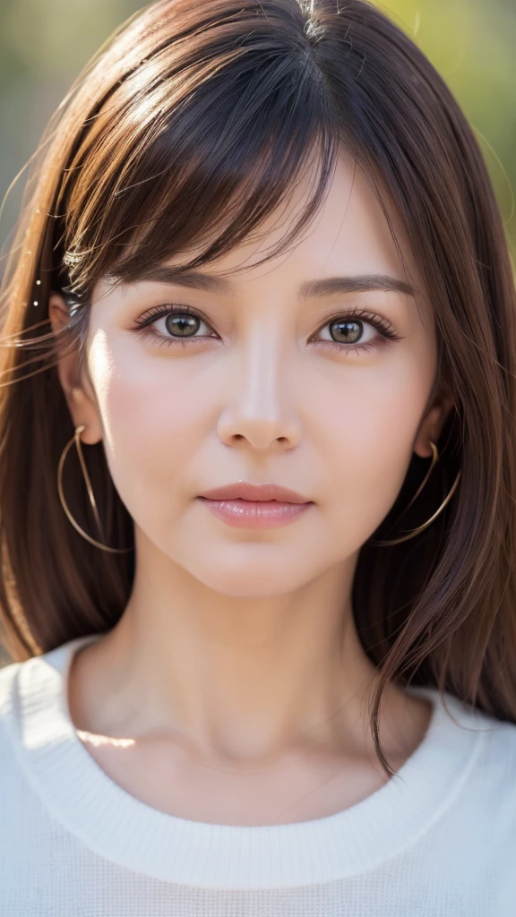 ８K, super detailed, masterpiece, highest quality, Photoreal, detailed face, fine eyes, 40 year old woman, 1 person, cute face, The lower lip is thick and plump, facing the front, nice body, ((look into the viewer&#39;s eyes)), gorgeous hairstyle, thin clothes, well-shaped bust