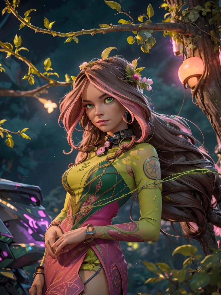 (The queen)，(Cyberpunk Treeman)，metal leaves，wired branches，glowing light eyes，mechanical bark，with moss-covered bark，tribe outfit，(ancient tribal markings)，control tendrils extending from the arms，Neon lights dancing on the body，(Lightning around branches and leaves)，(peach blossom)，Soft and delicate petals，vivd colour，(A harmonious blend of green and pink)，(Ominous dark clouds in the sky)，Night atmosphere，A futuristic，Vivid colors and high-contrast lighting，Dramatic shadows and highlights.(best quality, 4k, 8k, masterpiece: 1.2), ultra fine, (realistic, photo realistic, photo realistic: 1.37)