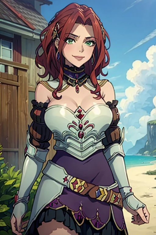 (masterpiece, Best Quality:1.4), looking at the viewer, cowboy shot, affected smile, malty melromarc, Red hair, by the wide, green eyes, exposed cleavage, big breasts, big breasts, hair ornament, earrings, jewelry, armor, armored dress, dress, separate sleeves, breastplate, purple skirt, belt, outdoor, grass, in the beach, big breasts, huge breasts, giant breasts