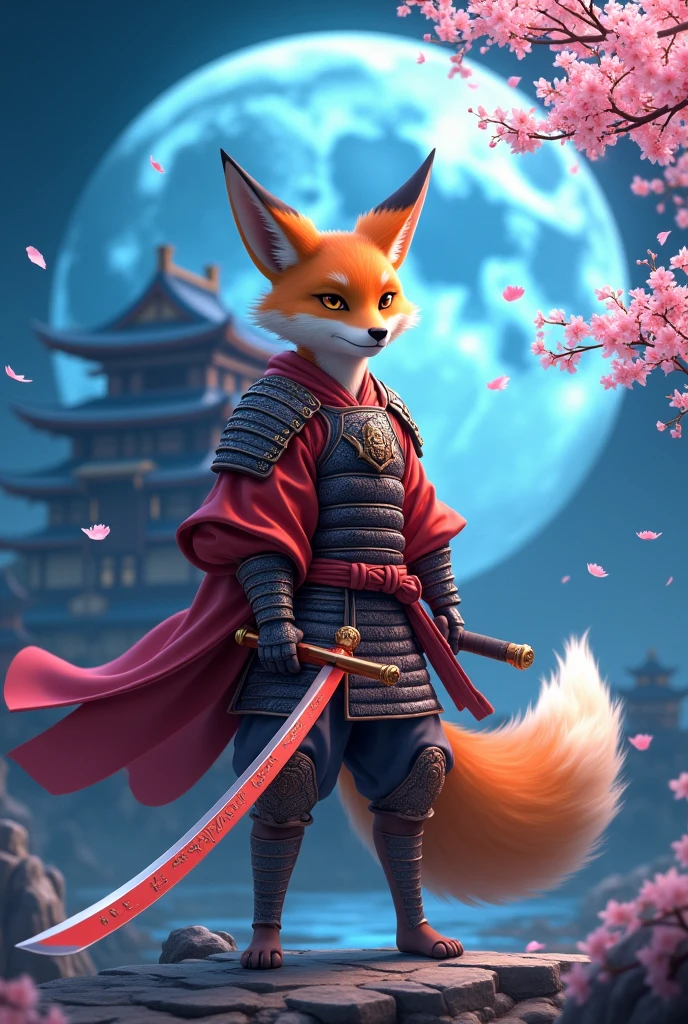 A samurai anthropomorphic fox with a blue moon castle background and a cherry tree  Sword in hand
