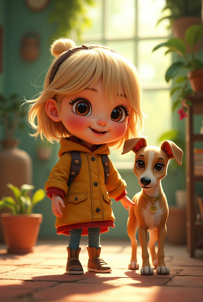A Pixar-style cover featuring a blonde girl with brown eyes and freckles, accompanied by a brown marbled bearded greyhound breed dog.
