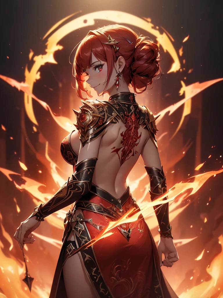 (((best quality, sharp image, clear image, cinematic lighting, 8k resolution, masterpiece, ultra detailed, intricate))) Girl, sorcerer, cute, intricate dress, smiling, fiery red, ((intricate background)), (rune frame), dimension, ((shot from behind)), fire sigils, chaotic background, ((half-body shot))