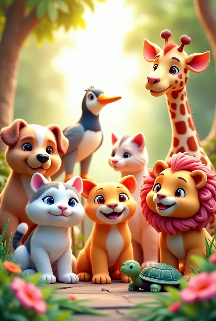 I want to create a cover for a coloring book , about cute baby animals,  in 3d place several animals Brown and white dog White and gray cat Bird Lion Giraffe Turtle 