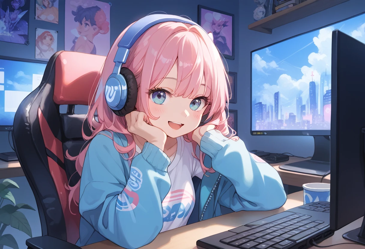 ,,,ถึงจุดสุดยอด,สำเร็จความไคร่,ช่วยตัวเอง,Long ash pink hair, random colored eyes, girl, happy, small, cute, big shirt, computer, gaming, rgb lights, headphones, computer bacground