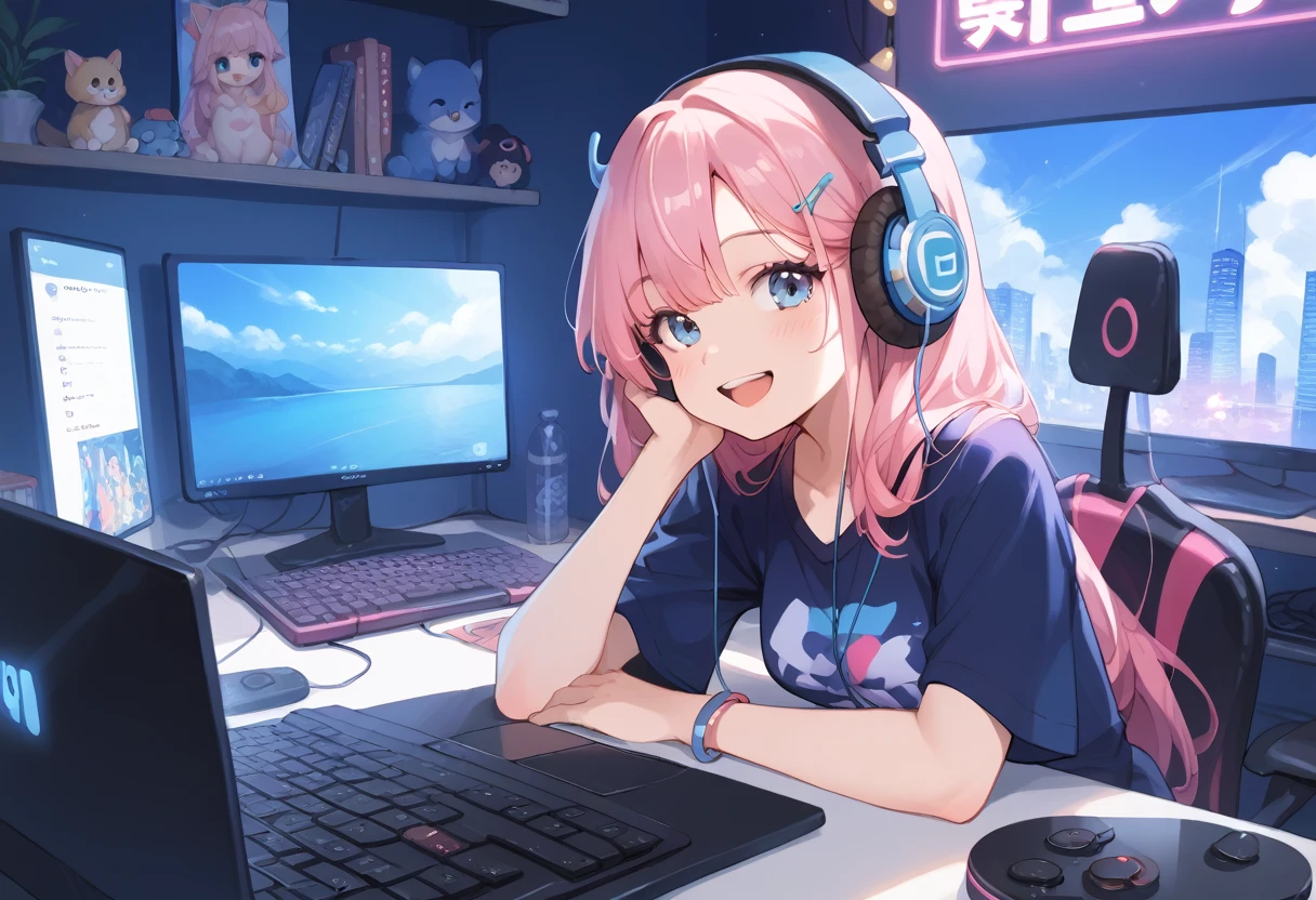 ,,,ถึงจุดสุดยอด,สำเร็จความไคร่,ช่วยตัวเอง,Long ash pink hair, random colored eyes, girl, happy, small, cute, big shirt, computer, gaming, rgb lights, headphones, computer bacground