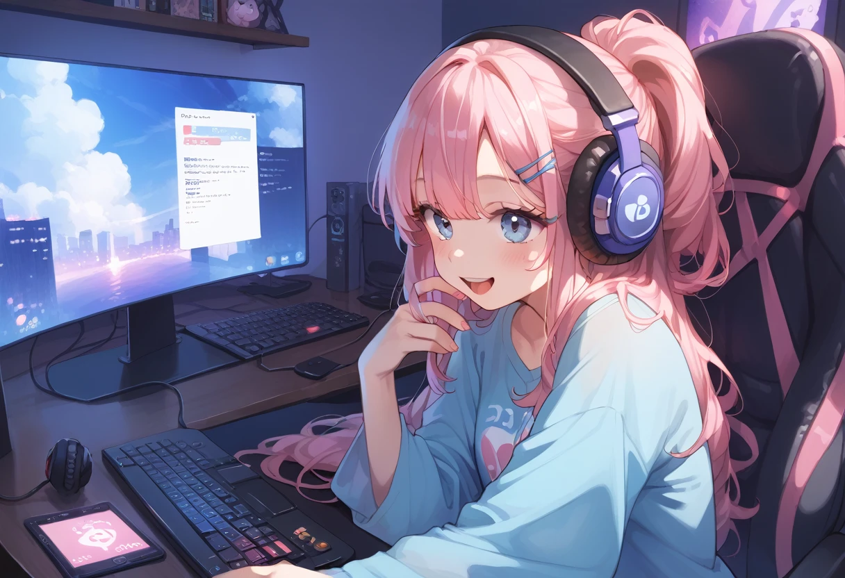 ,,,ถึงจุดสุดยอด,สำเร็จความไคร่,ช่วยตัวเอง,Long ash pink hair, random colored eyes, girl, happy, small, cute, big shirt, computer, gaming, rgb lights, headphones, computer bacground