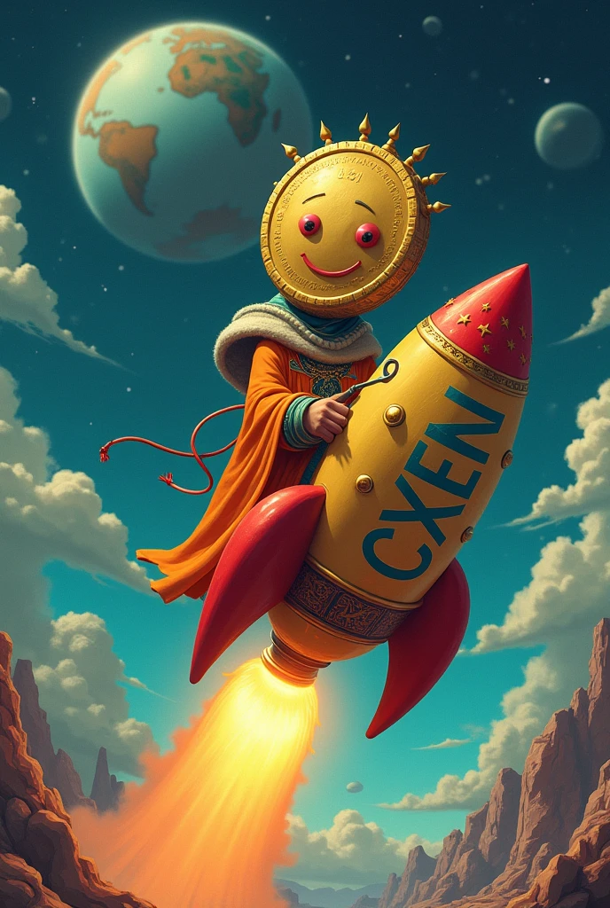 A king who has a big head and looks like a coin and is dressed in orange rides a rocket and enters a planet whose entrance is written with dark blue "MEXC".