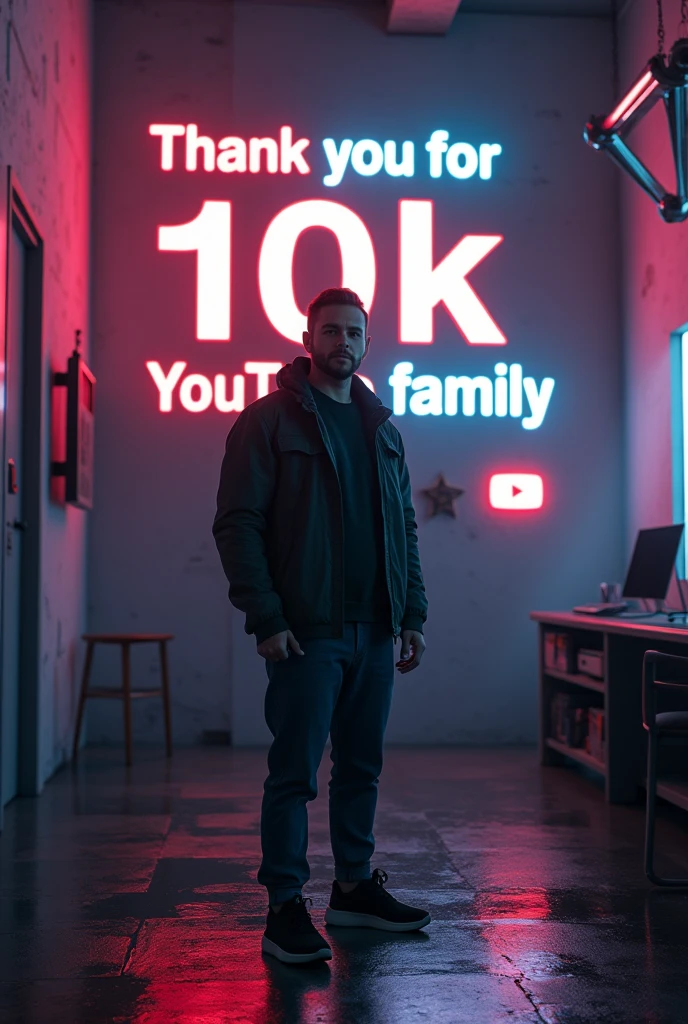 A man, youtube 10k subscriber complete with celebrate, Thank you for 10k YouTube family will be written on the back wall and youtube logo, cyberpunk style.