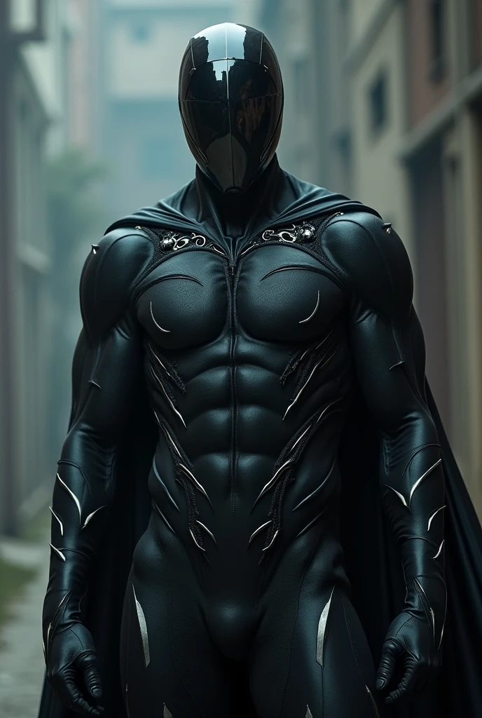 In DC comics style. Super Villain Stalker. Stalker wears black, tight fitting outfit, which seems to be made of organic, flexible material. This suit allows him to levitate and partially penetrate.. His eyes are hidden under a mask of dark, reflective material, which looks almost like a mirror surface, what makes, that those who look at them see only their own reflection. There are several dark marks on his back., silver wires, which seem to move in rhythm with his breathing, giving the character a sinister look.
