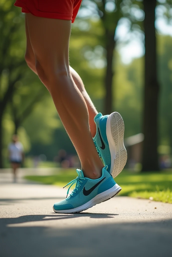 Image of a person running in an urban park with Nike sports shoes, side image, focused on their shoes