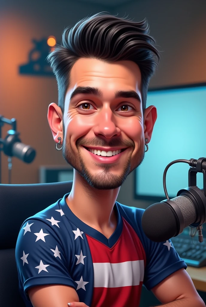 Caricature of a man of approximately 30 years old, Caucasian skin, short black hair, goatee, small hoop earring on left ear only, with american football jersey, with image background in an American style podcast environment