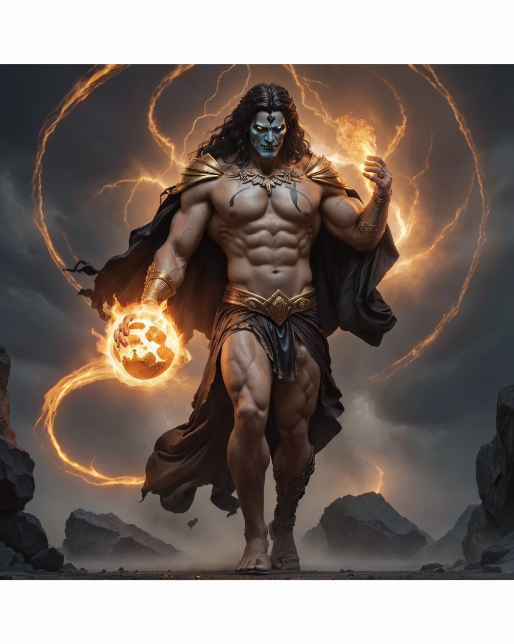 Greek mythology Hades and Lord of the underworld , physically perfect body muscular body frame full bodyshot very tall height of a man, holding a  human skull High Resolution, 