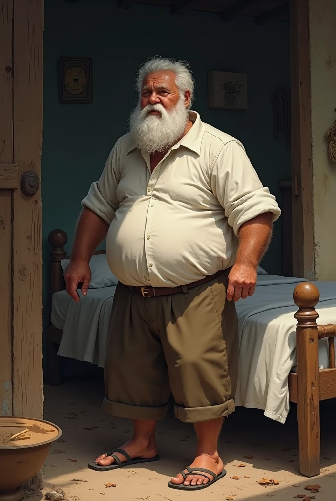 Farmer man with white beard, medium belly, white blouse and brown pants. Getting out of bed early.