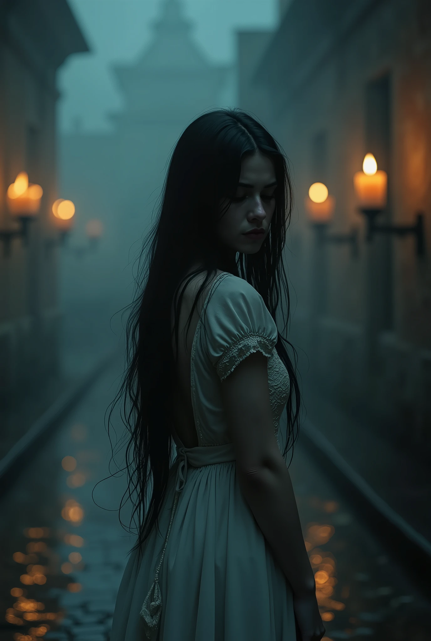 Fulfills a bride who was left crying , long black hair, realistic drawing , macabre night, candle lights , suspense , trovoes , darkness High resolution, very long hair, tears, defocused, tears, embarrased, lateral view, Depth of field, cinematic lighting, impressionalism, 3D rendering, artistic,