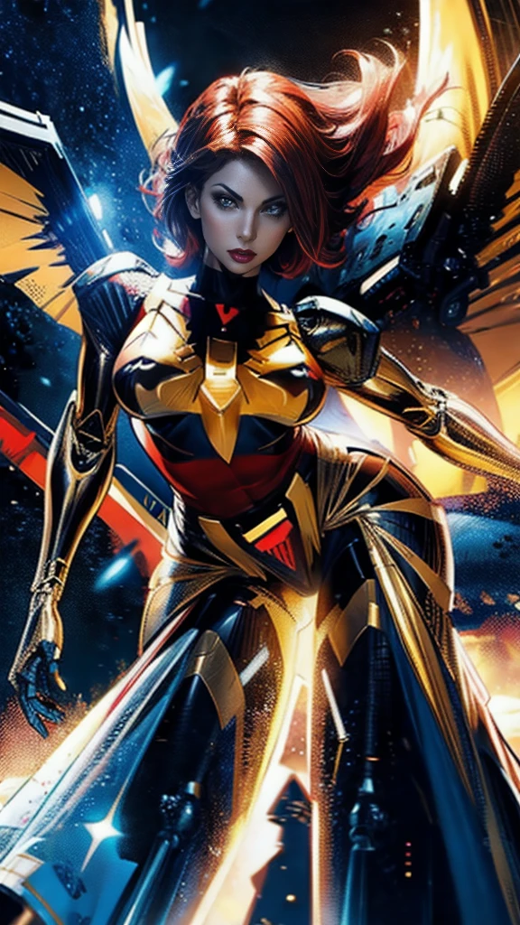 A beautiful detailed portrait of Jean Grey from X-men as a Gundam mecha, extremely detailed eyes and face, long eyelashes, intricate mecha design, wings, futuristic tech, seamless integration of organic and mechanical elements, cinematic lighting, dynamic fighting poses, (wide angle:1.27), (full length portrait:1.37), vibrant colors, 8k, photorealistic, concept art style, sharp focus, clean lines, erect nipples under clothing