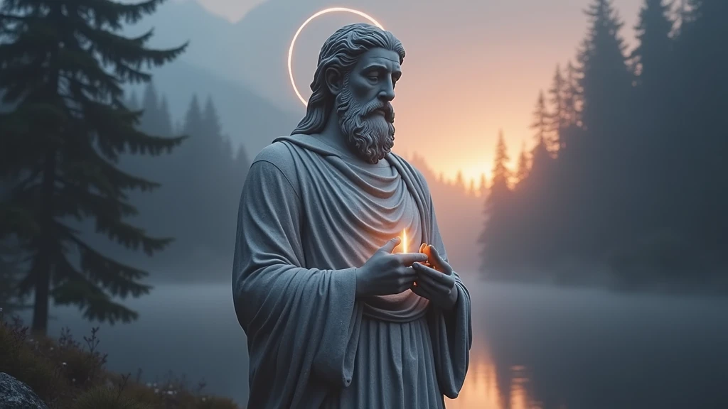 "Design an enchanting YouTube thumbnail for 'Магія Мовчання: Як Тиша Веде до Мудрості та Сили'. Center it around a detailed Stoic marble statue, radiating calm and wisdom amidst a mystical, serene backdrop. Highlight its timeless aura with soft, surrounding light and integrate elements of a tranquil dawn-lit forest or mountainside. Use a color scheme of deep blues, soft purples, and gentle golds to evoke a sense of mystery and introspection. Add symbols of wisdom and strength, such as a subtle halo of light and ancient sturdy elements. Ensure 'Магія Мовчання' stands out boldly with an ethereal glow at the top, with 'Як Тиша Веде до Мудрості та Сили' elegantly displayed below. Aim for a composition that merges ancient allure with tranquil beauty, enticing viewers into the realm of stoic philosophy."