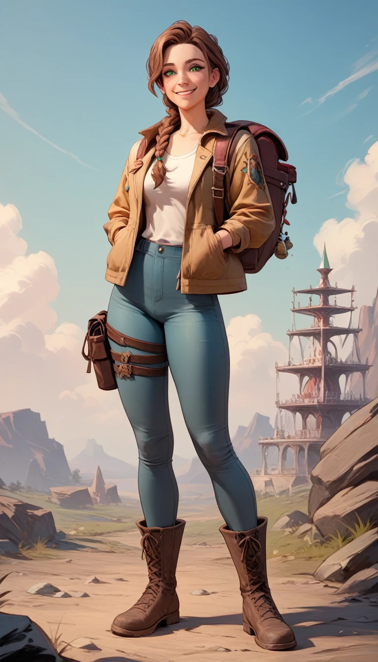 ((Best quality,4K,a high resolution,masterpiece:1.2)),((character concept art)), Young, energetic explorer in the post-apocalyptic world, where nature has reconquered the land. She has long ones, wavy brown hair, braided into a loose braid, and bright green eyes, reflecting her passion for adventure. She wears light, but durable clothing: jacket made from recycled fabrics, tight pants and sturdy boots. On her hands are gloves with cute, but functional pockets for tools. Ella always carries a multifunctional backpack with her., filled with survival essentials and a notebook, where she records her observations about the world. Her confident posture and smile give her a charismatic look., and small tattoos on her wrists highlight her independent spirit and love of freedom.