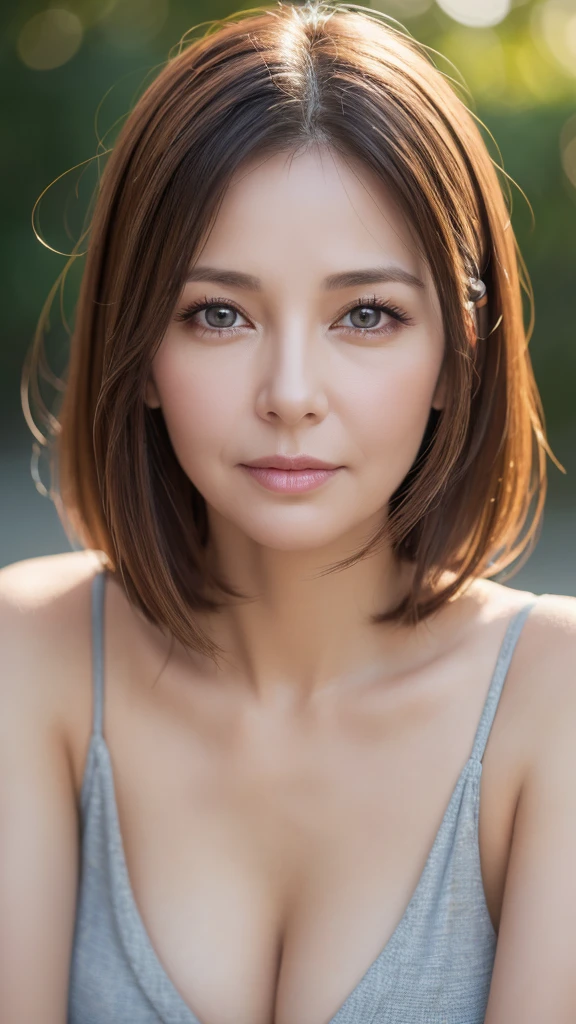 8K, super detailed, masterpiece, highest quality, Photoreal, detailed face, fine eyes, 40 year old woman, 1 person, cute face, The lower lip is thick and plump, facing the front, nice body, ((look into the viewer's eyes)), gorgeous hairstyle, thin clothes, well-shaped bust