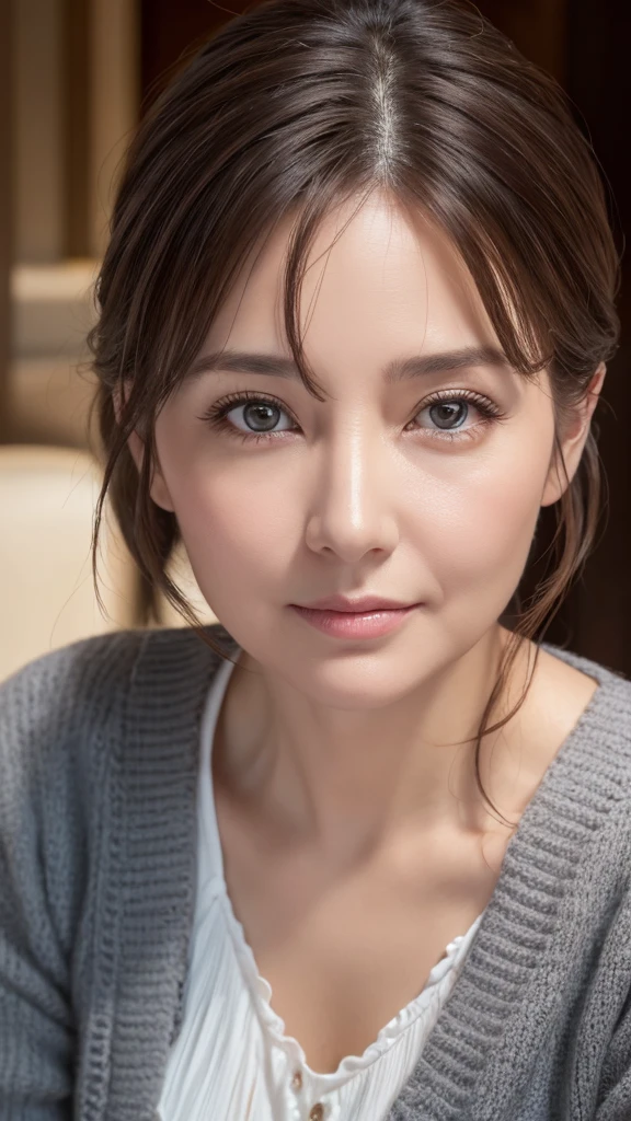 8K, super detailed, masterpiece, highest quality, Photoreal, detailed face, fine eyes, 40 year old woman, 1 person, cute face, The lower lip is thick and plump, facing the front, nice body, ((look into the viewer's eyes)), gorgeous hairstyle, thin clothes, well-shaped bust