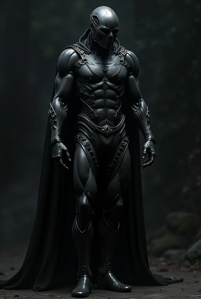 In DC comics style. Super Villain Stalker. Stalker wears black, tight fitting outfit, which seems to be made of organic, flexible material. This suit allows him to levitate and partially penetrate.. His eyes are hidden under a mask of dark, reflective material, which looks almost like a mirror surface, what makes, that those who look at them see only their own reflection. There are several dark marks on his back., silver wires, which seem to move in rhythm with his breathing, giving the character a sinister look. He stands in the shadow.