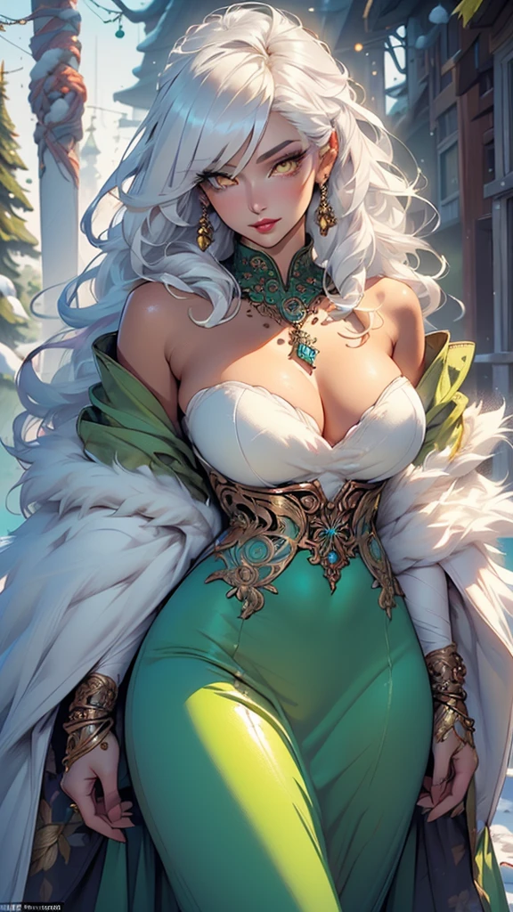 woman,1female,((milf,mom,mature,mature woman,4 female,adult)),(large breasts:1.5),saggy breasts,(((white hair:1.4,straight hair,long hair:1.4,colored inner hair))),((yellow_eyes:1.3)),intricate eyes,beautiful detailed eyes,symmetrical eyes,((((dark skin:1.4,lustrous skin:1.5,bright skin: 1.5,skin tanned,shiny skin,very shiny skin,shiny body,illuminated skin)))),(spider lower abdomen,narrow waist,wide hip,bimbo body,inflated legs,thick thighs,delicate detailed fingers),(((detailed face))),
cute,slutty,sensual,seductive look,seductive,((erotic)),opulent,sumptuous,longingly,((nsfw)),
queen,goddess,fantasy,(beautiful winter silver clothes,silver silk),((strapless green dress,very long green skirt,green dress)),(silver clothes),(((ice jewelry,intricate necklace,christmas jewelry,detailed outfit))),cleavage,silver silk,((eyeshadow,elegant makeup,eyelid makeup,gold lips,gold lipstick)),((Transparent cloth:1.1)), (((Sexy white fur cloak, white fur cloak outfit, wearing a white fur cloak:1.3,winter white cloak))),green gloves,(((intricate outfit,intricate clothes,embroidered outfit,ornate outfit,embroidered clothes,ornate clothes))),
(dynamic pose:1.0),embarrassed,(centered,scale to fit dimensions,Rule of thirds),
((snowy pine forest)),winter,scenery:1.25,((intricate scenery)),((snow forest background)),
(Glossy winter ornaments),highres,sharp focus,(ultra detailed,extremely detailed),(photorealistic artwork:1.37),(extremely detailed CG unity 8k wallpaper),(((vibrant colors,vibrant theme))),(intricate),(masterpiece),(best quality),