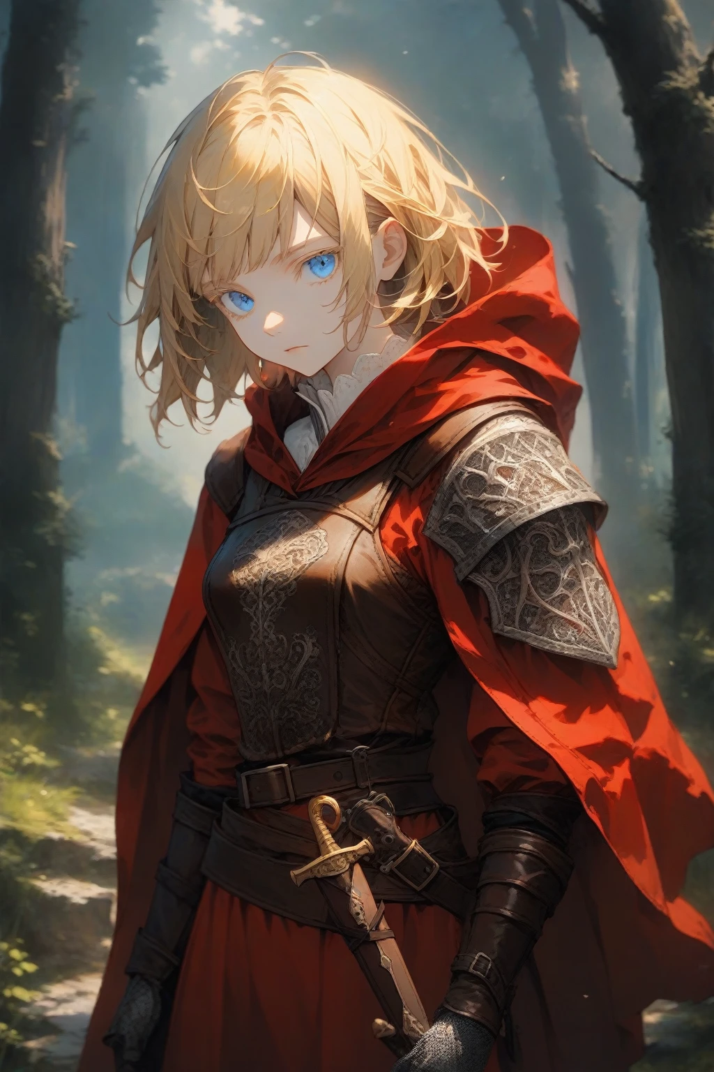 masterpiece, best quality, very aesthetic, absurdres,1girl,rating: general,(hyper detailed eyes),blonde hair,short hair,[disheveled hair],colored eyelashes,blonde eyelashes,blue eyes,(sharp eyes),(slanted eyes),choppy bangs,medium breasts,clear face,expressionless,(dagger),(sheathed),(red hooded cloak),(leather armor),(leather chest guard),(leather gauntlets),(leather greaves),(leather boots),medieval,fantasy,forest,