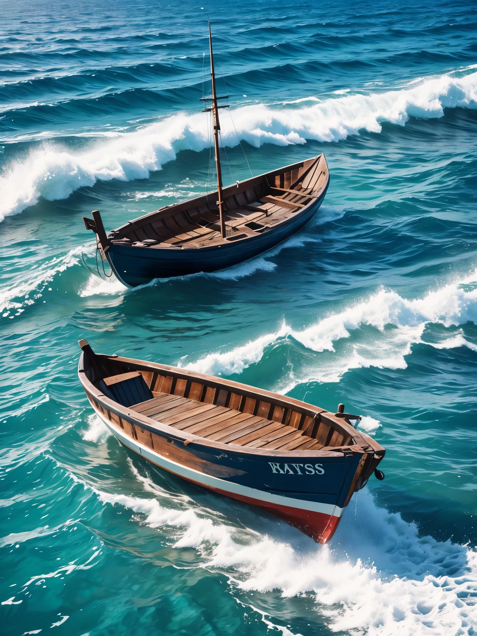 A boat,A fisherman, wandering around the sea, blue sea, medium waves, bright day, hope, picturesque, best, high details, uhd