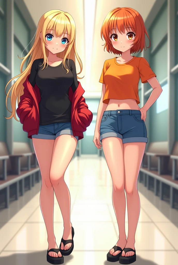 two anime girls, in a black shirt and red jacket in half open, in black Flats, black shorts, 1girl, solo, blonde hair, blue eyes, breasts, long hair, navel, smile, large breasts, midriff, looking at viewer, full body, 4k hd, big breasts, legs visible, tall, chubby girl, belly button, second girl, an anime girl, anime girl, cell shaded adult animation, shorts, orange hair, solo, short hair, smile, full body, 4k hd, legs visible, tall, blue shorts and an orange shirt, brown eyes, 1girl, in black Flats, 4k hd, big breasts, muscle girl, front position