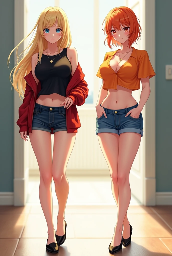 two anime girls, in a black shirt and red jacket in half open, in black Flats, black shorts, 1girl, solo, blonde hair, blue eyes, breasts, long hair, navel, smile, large breasts, midriff, looking at viewer, full body, 4k hd, big breasts, legs visible, tall, chubby girl, belly button, second girl, an anime girl, anime girl, cell shaded adult animation, shorts, orange hair, solo, short hair, smile, full body, 4k hd, legs visible, tall, blue shorts and an orange shirt, brown eyes, 1girl, in black Flats, 4k hd, big breasts, muscle girl, front position