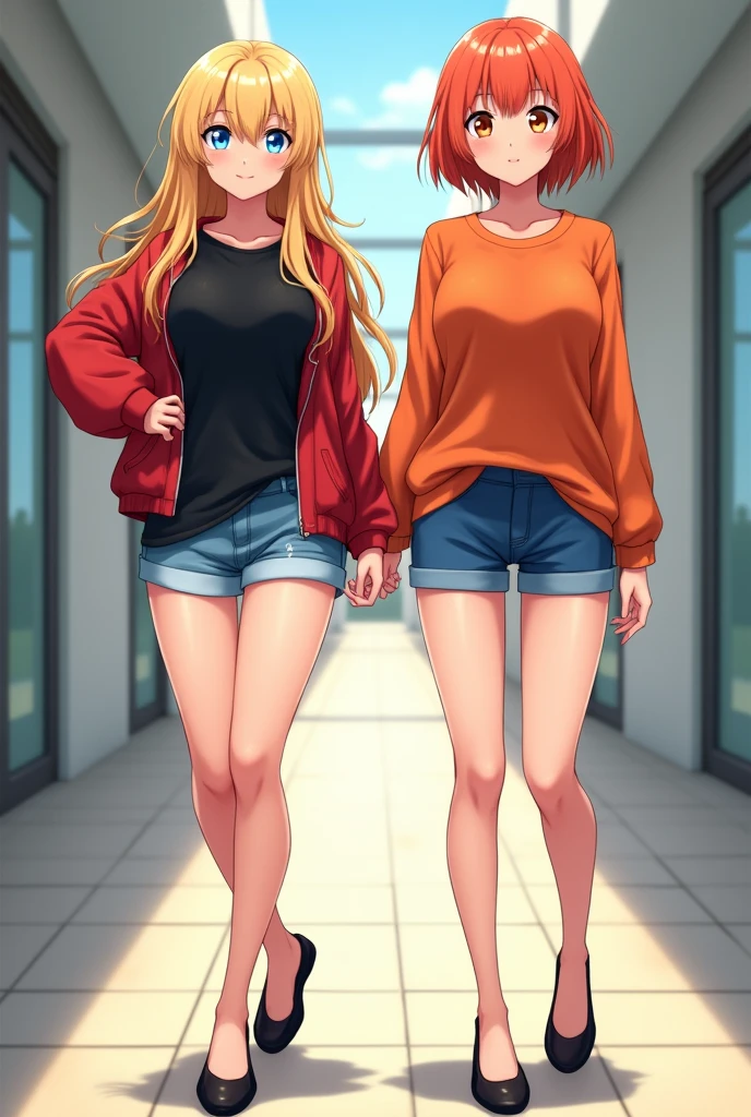 two anime girls, in a black shirt and red jacket in half open, in black Flats, black shorts, 1girl, solo, blonde hair, blue eyes, breasts, long hair, navel, smile, large breasts, midriff, looking at viewer, full body, 4k hd, big breasts, legs visible, tall, chubby girl, belly button, second girl, an anime girl, anime girl, cell shaded adult animation, shorts, orange hair, solo, short hair, smile, full body, 4k hd, legs visible, tall, blue shorts and an orange shirt, brown eyes, 1girl, in black Flats, 4k hd, big breasts, muscle girl, front position