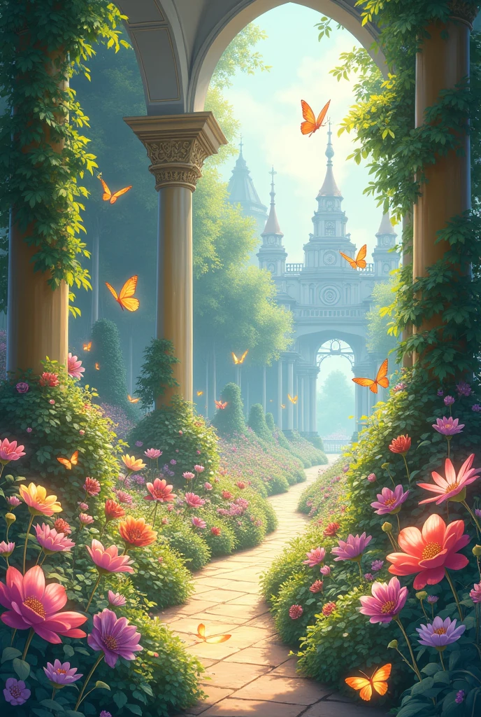 A beautiful anime royal garden in a palace ,with flower blooming, butterflies every where which glowing sun rays falling on them with small size of the image
