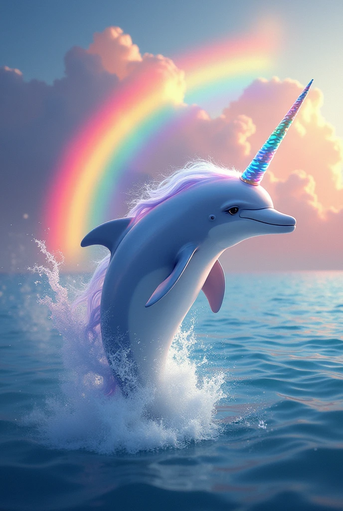 Dolphin with a unicorn, with many colors, with a rainbow, above the sea