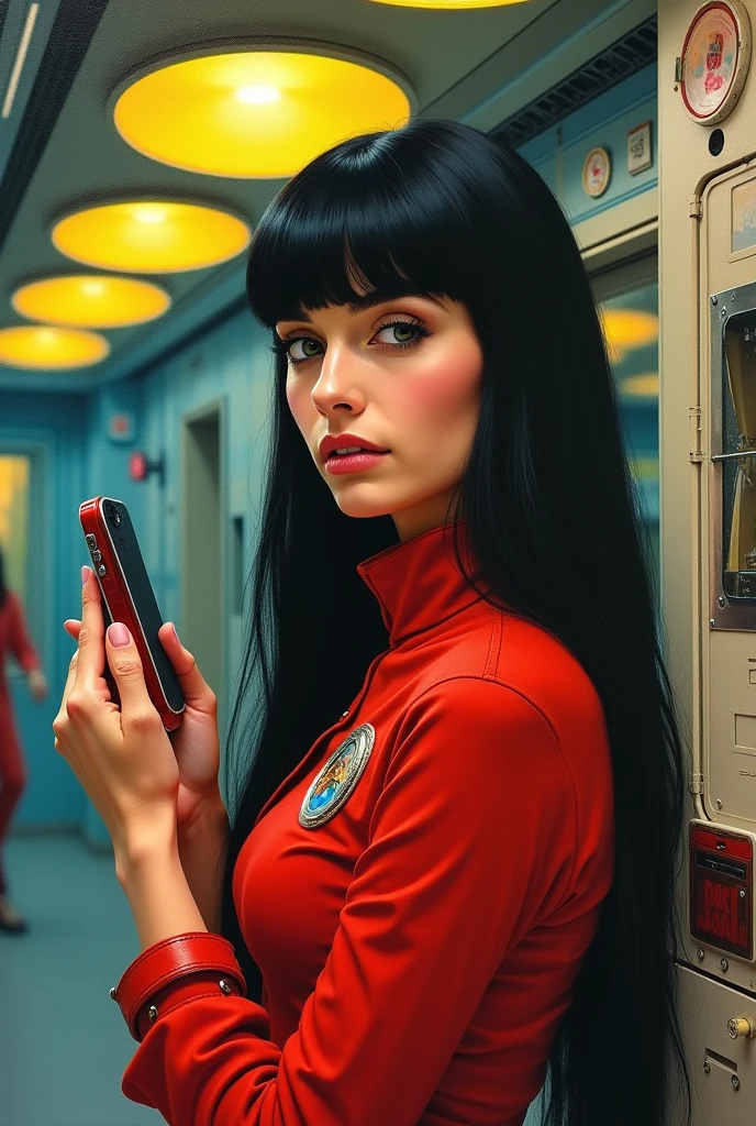 High-quality realistic acrylic art, vivid colors, lateral point of view, a beautiful vintage european woman with long black straight hair, bangs, looking at the viewer with suspicious face and a shy smile, she wears red vintage space suit, gloves, holding a sophisticated cell phone yellow lights, background space militar facilty