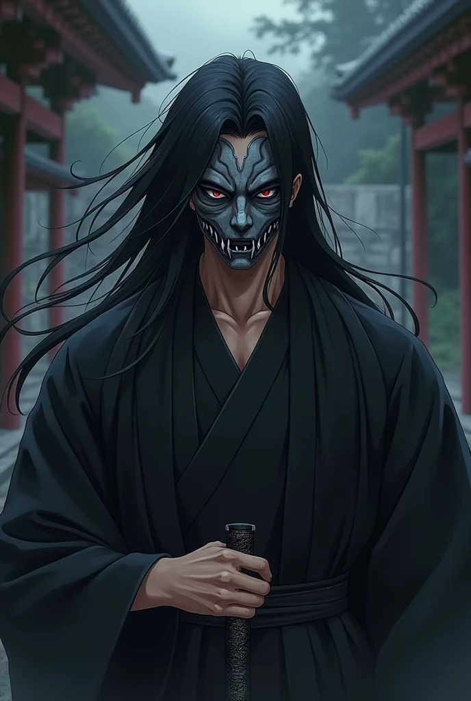 Create an anime style male character wearing a black hooded kimono with long black hair and a gray Japanese hannya mask 