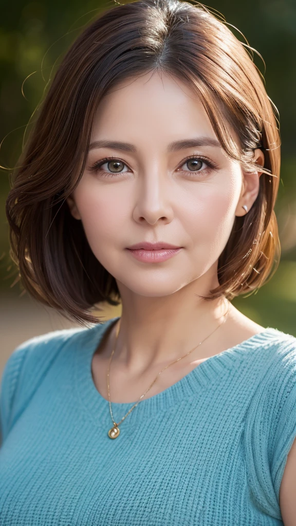 ８K, super detailed, masterpiece, highest quality, Photoreal, detailed face, fine eyes, 40 year old woman, 1 person, cute face, The lower lip is thick and plump, facing the front, nice body, ((look into the viewer&#39;s eyes)), gorgeous hairstyle, thin clothes, well-shaped bust