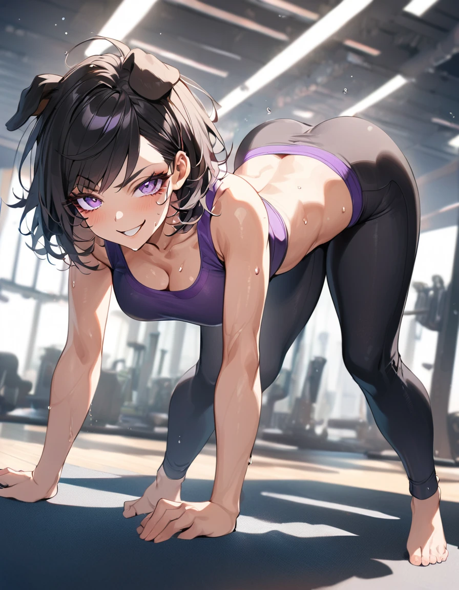 1girl, solo, (dog ears), (dog girl), black hair, (purple eyes), short hair, detailed face, medium breasts, long eyelashes, mature, wispy side bangs, full body, bent over, sweat, yoga pants, sports bra, ass in camera, seductive, smirk