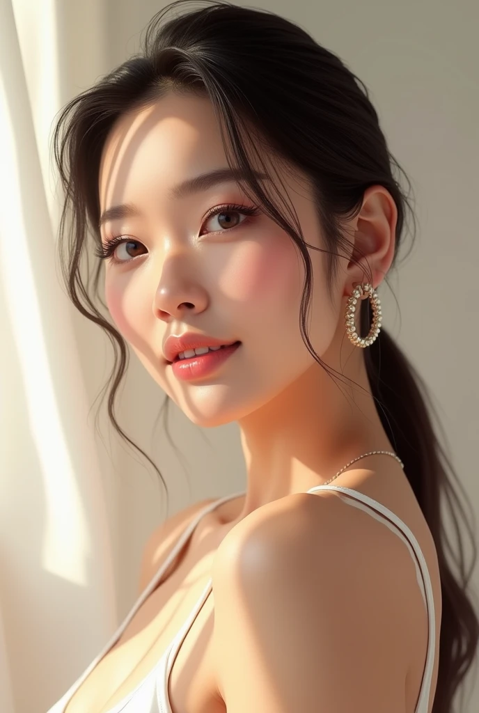 Create an AI-generated portrait of Shizuka Minamoto, a stylish beauty influencer with a sophisticated look. She should have a radiant smile, clear skin, and elegant makeup. Her attire should reflect modern fashion trends, and she should exude confidence and grace. The background should be soft and minimalist, highlighting her as the focal point
Make this realistic too and similar to shizuka minamoto a cartoon character