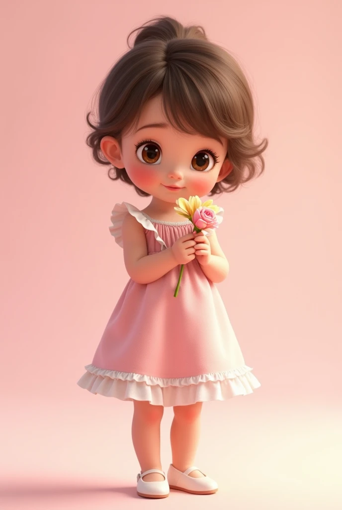  with brown hair, Caucasian skin, brown eyes child holding a flower, light pink dress with a white ruffle, below white shoe, in the photo it would be a little to the side with a png background, pink disney pixar