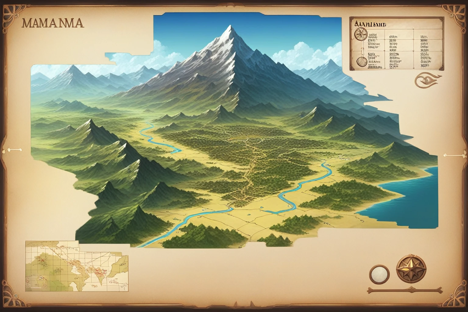 Map of the continent of Varant,In the middle of the map highlands,To the north of the map is the snow mountains,To the south is the plain,To the west is the desert with hills,To the east is a basin with many lakes,There are many rivers,Surrounded by the mountains,Fantasy cartography,Game map,Detailed map,steam workshop maps,D&D style fantasy map design,Top-down view