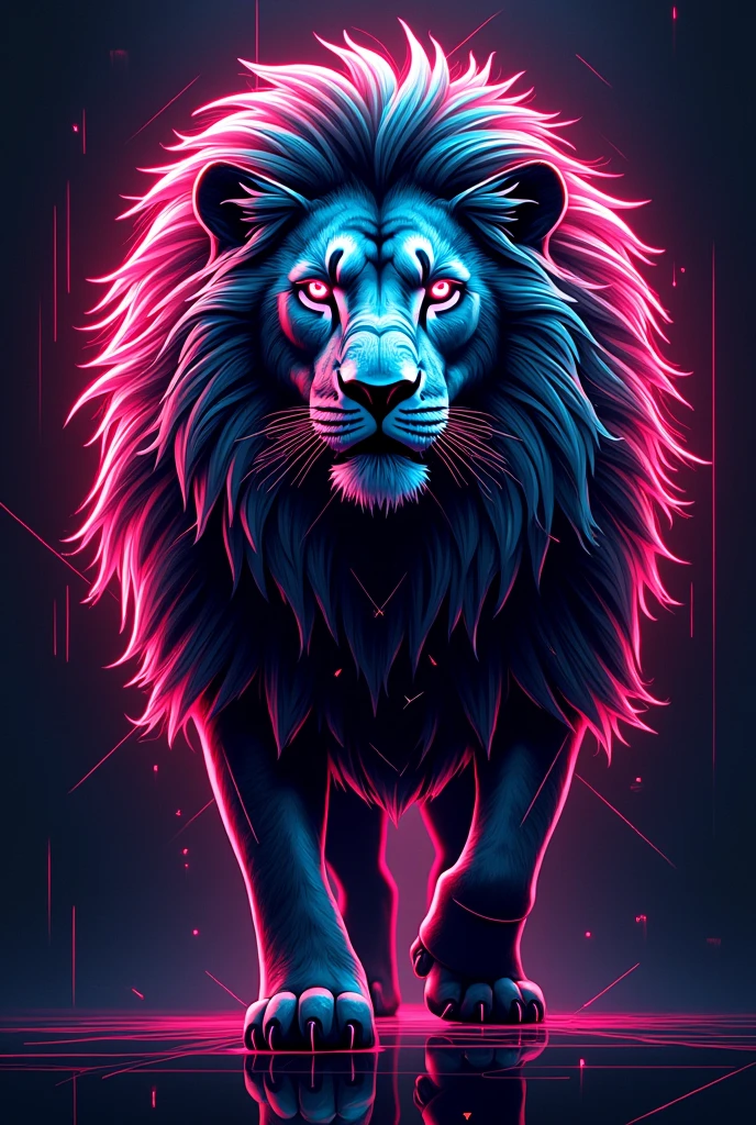 Geometric image of a lion, drawn, neon style, realisti, masterpiece,